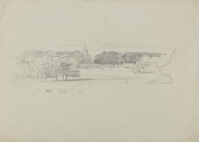 Uitzicht over een weide naar een kerk door Edward Lear