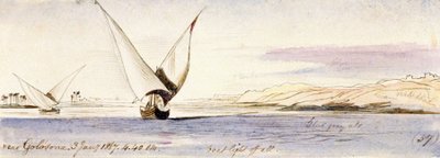 Uitzicht op de Nijl bij Golosona (Egypte), met een traditionele Egyptische boot die vaart door Edward Lear