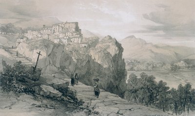 Gezichten in Rome en omgeving: Rocca Giovane en in de verte de steden Licenza en Civitella di Licenza door Edward Lear
