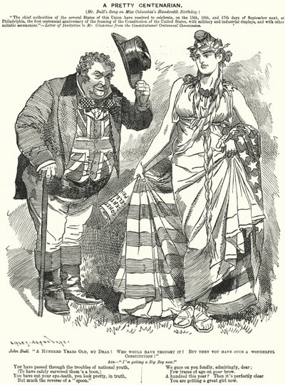 Punch cartoon: Een Mooie Eeuweling - de honderdste verjaardag van het opstellen van de Amerikaanse Grondwet (gravure) door Edward Linley (after) Sambourne