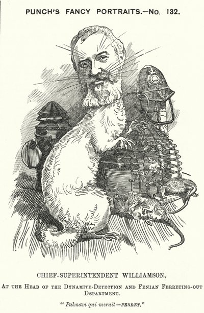 Punch cartoon: Adolphus Williamson, Britse politieagent en eerste hoofd van de Detective Branch van de Metropolitan Police door Edward Linley (after) Sambourne