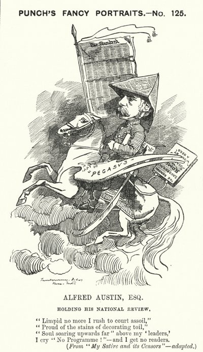 Punch cartoon: Alfred Austin, Engelse dichter en redacteur van de National Review (gravure) door Edward Linley (after) Sambourne