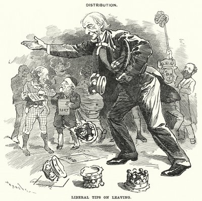 Punch cartoon: Distributie. Liberale Tips bij Vertrek (gravure) door Edward Linley (after) Sambourne