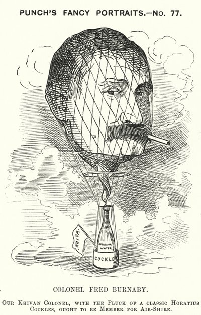 Punch cartoon: Frederick Burnaby, Britse leger inlichtingenofficier en ballonvaarder (gravure) door Edward Linley (after) Sambourne