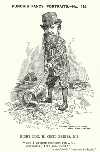 Punch cartoon: Henry Cecil Raikes, Engelse conservatieve politicus (gravure) door Edward Linley (after) Sambourne