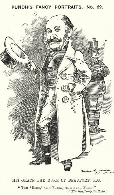 Punch cartoon: Henry Charles Fitzroy Somerset, 8e hertog van Beaufort, Engelse soldaat en conservatieve politicus door Edward Linley (after) Sambourne