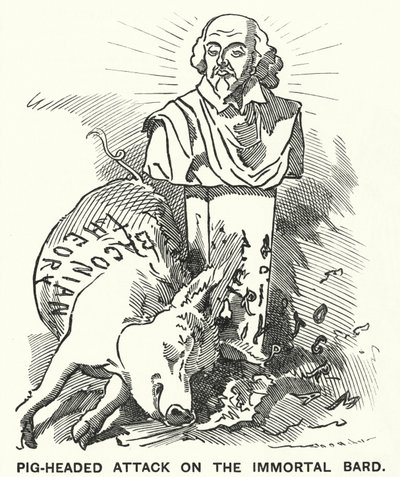 Punch cartoon: Koppige aanval op de onsterfelijke bard - de theorie dat de toneelstukken van William Shakespeare eigenlijk geschreven zijn door Sir Francis Bacon (gravure) door Edward Linley (after) Sambourne