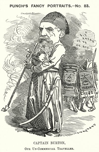 Punch cartoon: Richard Burton, Engelse ontdekkingsreiziger, geograaf en diplomaat (gravure) door Edward Linley (after) Sambourne