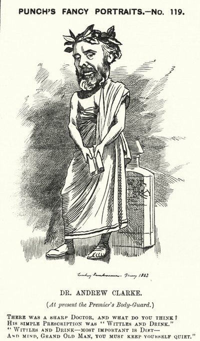 Punch cartoon: Sir Andrew Clarke, Britse arts, arts van William Ewart Gladstone (gravure) door Edward Linley (after) Sambourne