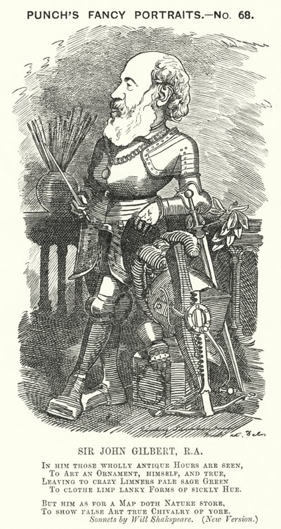 Punch cartoon: Sir John Gilbert, Engelse kunstenaar (gravure) door Edward Linley (after) Sambourne