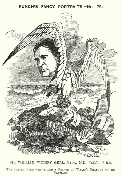 Punch cartoon: Sir William Withey Gull, Engelse arts die de Prins van Wales behandelde voor tyfus en werd arts in gewone dienst van koningin Victoria door Edward Linley (after) Sambourne