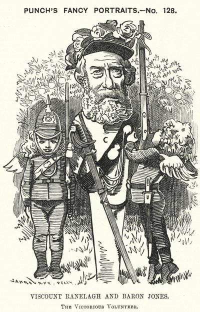 Punch cartoon: Thomas Heron Jones, 7e Burggraaf Ranelagh en Baron Jones van Navan, promotor van de vrijwilligersbeweging voor het Britse leger door Edward Linley (after) Sambourne