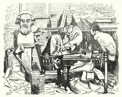 Punch cartoon: schrijver aan het werk in zijn studeerkamer door Edward Linley (after) Sambourne