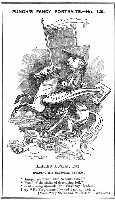 Alfred Austin (1835-1913) Brits poet laureate vanaf 1896. Cartoon door Edward Linley Sambourne (1844-1910) in de Fancy Portraits-serie in Punch, Londen, 3 maart 1883, toen Austin redacteur werd van National Review. Gravure. door Edward Linley Sambourne