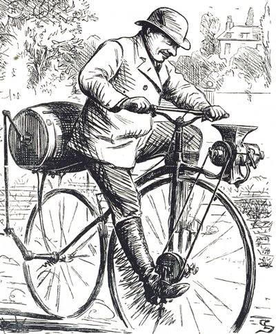Cartoon die een koffiemolenfiets afbeeldt door Edward Linley Sambourne