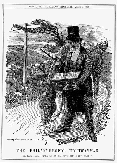 David Lloyd George (1863-1945) Welsh-geboren Britse liberale staatsman. In 1908, als minister van Financiën, introduceerde Lloyd George zijn Old Age Pensions Act. Cartoon door Edward Linley Sambourne uit Punch, Londen, augustus 1908. door Edward Linley Sambourne