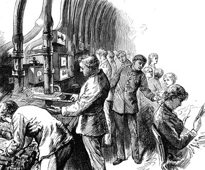 Gravure die de pneumatische verzending toont die het General Post Office gebruikte om pakketten onder Londen te vervoeren door Edward Linley Sambourne