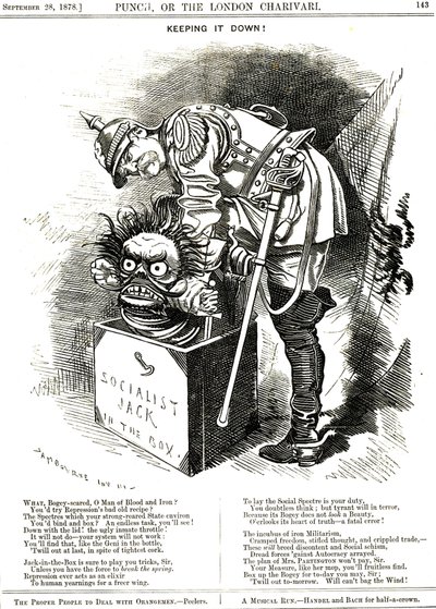 Het onderdrukken. Otto von Bismarck (1815-1898) Duitsland Kanselier, probeert de Jack van het socialisme terug in zijn doos te dwingen. Het onderschrift vertelt hem dat elke daad van repressie werkt als een elixer voor de menselijke wens naar meer vrijheid door Edward Linley Sambourne