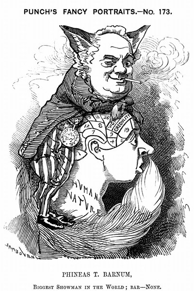 Phineas Taylor Barnum (1810-1891) Amerikaanse showman: mede-oprichter van Barnum en Bailey circus. Edward Linley Sambourne cartoon uit Punch London 1884 in de Fancy Portraits serie toont Barnum als een sluwe vos die de frenologische bult van goedgelovighei door Edward Linley Sambourne