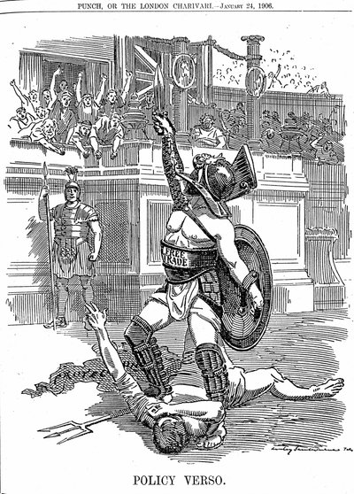 Met de terugkeer van de liberale regering in Groot-Brittannië, december 1905, was vrijhandel het beleid, in plaats van het conservatieve beleid van bescherming door tarief. Cartoon door Edward Linley Sambourne uit Punch Londen 24 januari 1906 door Edward Linley Sambourne
