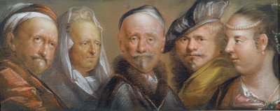 Studies van vijf hoofden naar Rembrandt (pastel op koperen plaat) door Edward Lutterell
