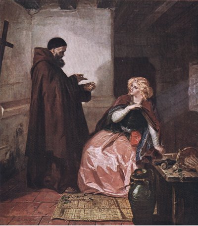 Julia en broeder Laurence (Romeo en Julia) Neem de fles, liggend in bed, en drink deze gedistilleerde drank op, uit De Complete Werken van William Shakespeare gepubliceerd door J Coker & Co Ltd door Edward Matthew Ward