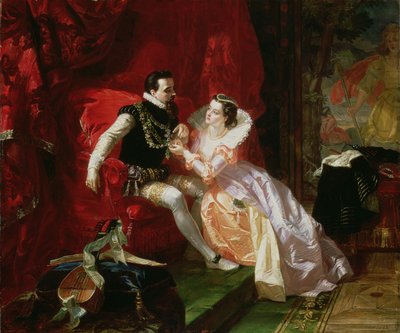 Leicester en Amy Robsart in Cumnor Hall, 1866 door Edward Matthew Ward