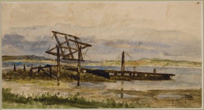 Landschap met dok, zee en strand (#18), ca. 1880 door Edward Mitchell Bannister