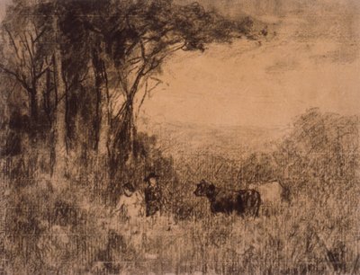 Landschap met koeien en figuren in de wei door Edward Mitchell Bannister