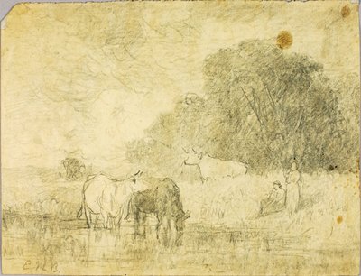 Landschap met koeien bij vijver, twee figuren door Edward Mitchell Bannister