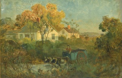 De drinkpoel (man in kar met ossen bij de poel) door Edward Mitchell Bannister