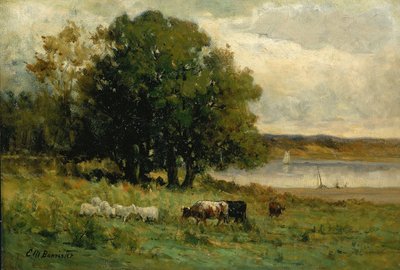 Zonder titel (vee bij rivier met zeilboot in de verte) door Edward Mitchell Bannister
