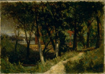 Zonder titel (landschap, bosgezicht met rood hek en gebouw) door Edward Mitchell Bannister