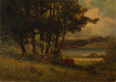 Zonder titel (landschap met grazende koeien bij rivier) door Edward Mitchell Bannister