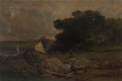 Zonder titel (landschap met rotsen, man en zeilboten) door Edward Mitchell Bannister