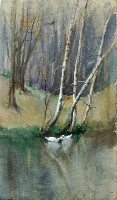 Ongetiteld boslandschap met berkenbomen en eenden, n.d. door Edward Mitchell Bannister