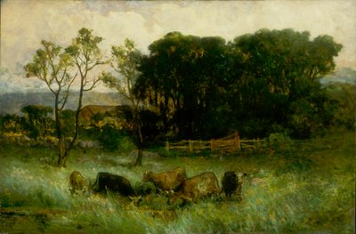 Ongetiteld vijf koeien in de wei, ca. 1884-1886 door Edward Mitchell Bannister