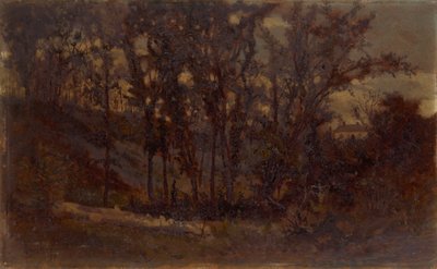 Naamloos boslandschap, omgevallen boom op de voorgrond en huis op de achtergrond door Edward Mitchell Bannister