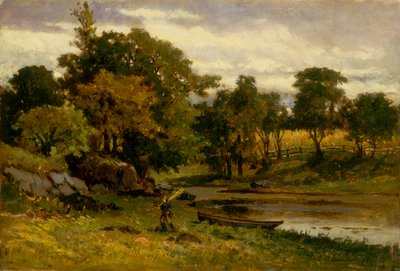 Naamloos landschap, boot aangemeerd bij stroom, man wandelend op de voorgrond, 1879 door Edward Mitchell Bannister