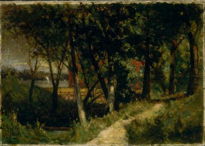 Naamloos landschap, bosscène met rode hek en gebouw door Edward Mitchell Bannister