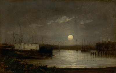 Ongetiteld maan boven een haven, kadescène met volle maan en masten van boten door Edward Mitchell Bannister
