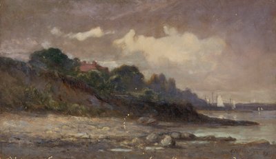 Naamloze kustlijn met zeilboten en dak door Edward Mitchell Bannister