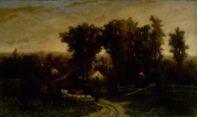Ongetitelde vrouw met vee en schapen in de schemering, n.d. door Edward Mitchell Bannister