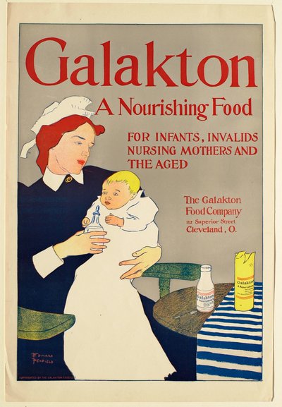 Galakton-advertentie, min die een baby voedt door Edward Penfield