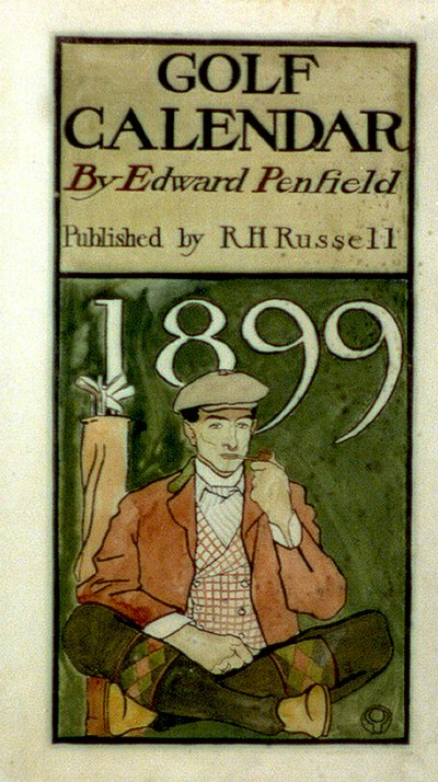 Golfer zittend bij clubs, tekening in waterverf. (1899?) door Edward Penfield 1866-1925, Amerikaanse kunstenaar. door Edward Penfield