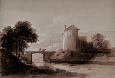Landschap met man en koe op een brug door Edward Pretty