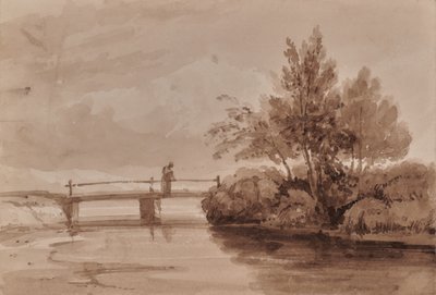 Rivierscène met houten brug en figuur door Edward Pretty