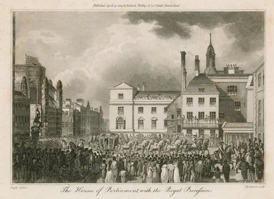 De huizen van het parlement met de koninklijke processie door Edward Pugh