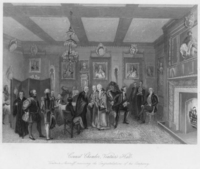 Raadskamer, Vintners Hall. Vintner Sheriff ontvangt de felicitaties van zijn gezelschap, ca. 1 door Edward Radclyffe
