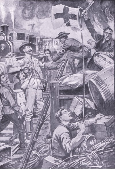 Valse ambulancemedewerkers vernietigen voorraden bij Komati Foort onder dekking van de Rode Kruisvlag, illustratie uit Na Pretoria: De Guerrillaoorlog, 1902 door Edward Read